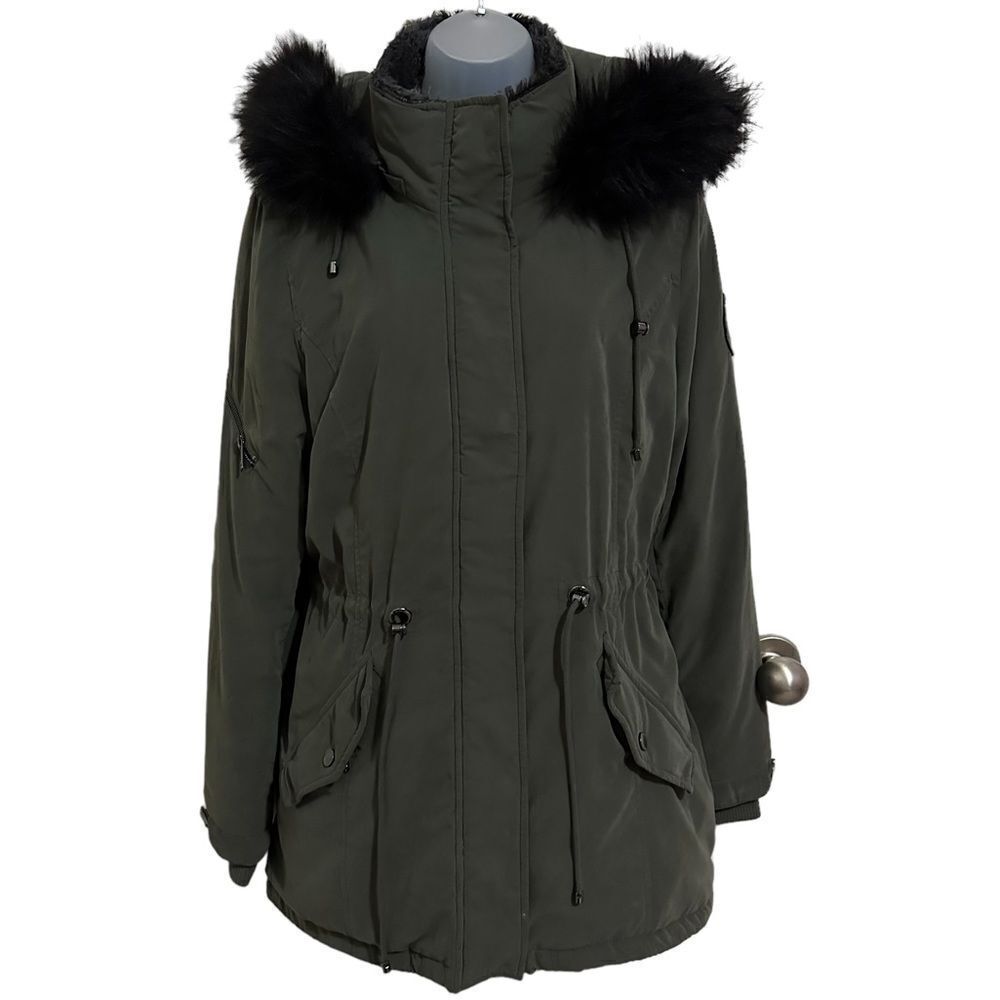 DNKY Dark Forest Green Cinched Tie Waist Puffy Fo Hood Pocket Midi Heavy Jacket